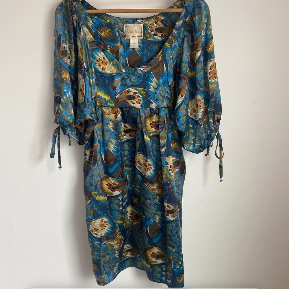 Vanitas 100% Silk Dress Peacock Feather Print Size Large (L)